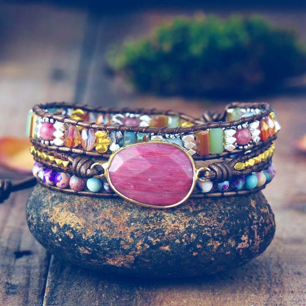 Natural Rhodochrosite Pink Stone Braided Bracelet Healing Love